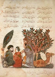 Ms Ar 5847 f.10, La carovana si ferma: Al-Harith (al-Hariri) ascolta la conversazione tra un uomo e suo figlio, da Al Maqamat di Al Hariri, c.1240 (guazzo su pergamena)